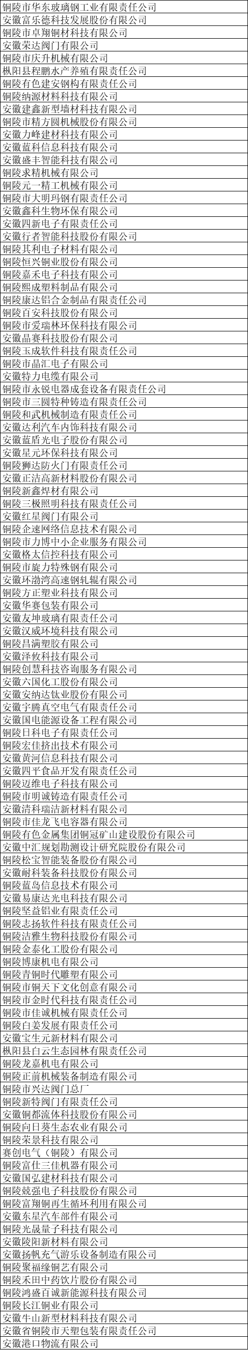 銅陵市高新技術(shù)企業(yè)名單
